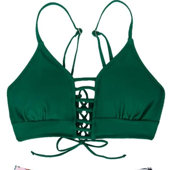 TEMPTME green floral lace up high waisted 2-piece swimsuit bikini NEW, size M - Picture 7 of 15